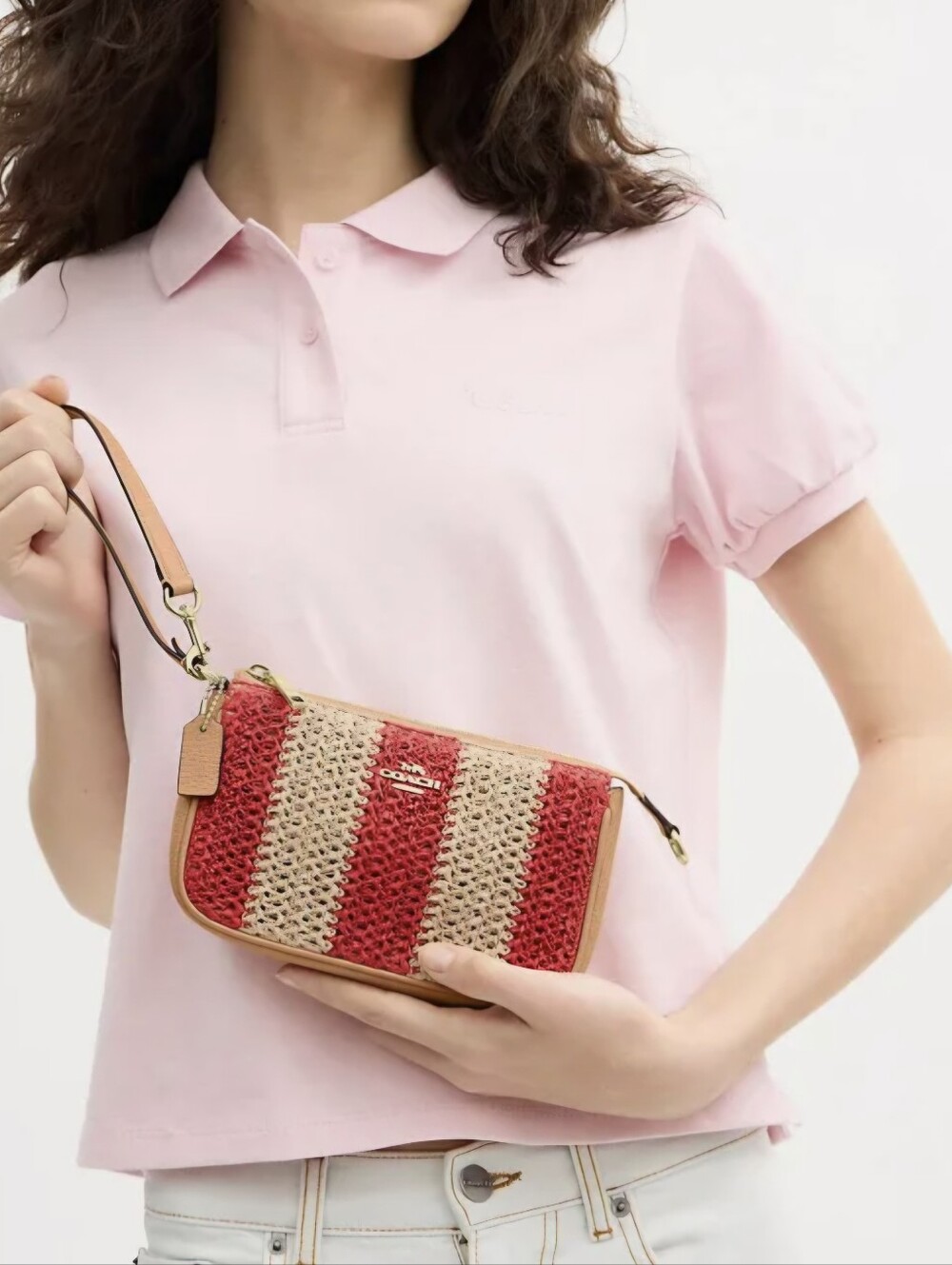 NWT Coach Nolita 19 Sm. Grab Clutch Raffia & Leather Red & Tan - Picture 5 of 12